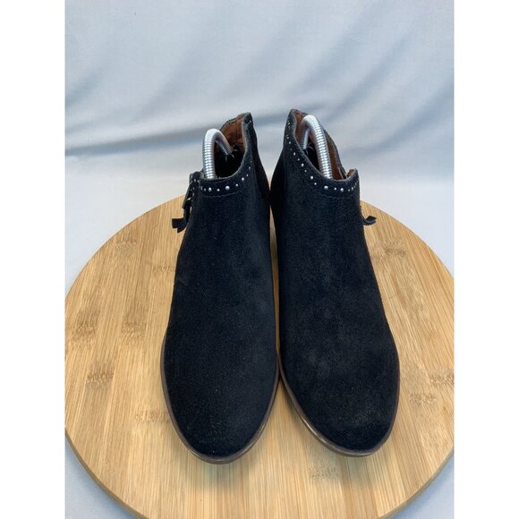 Lucky Brand Heeled Benna Bootie 6.5 Women’s Side Zip Silver Studded Black Suede - Picture 2 of 7